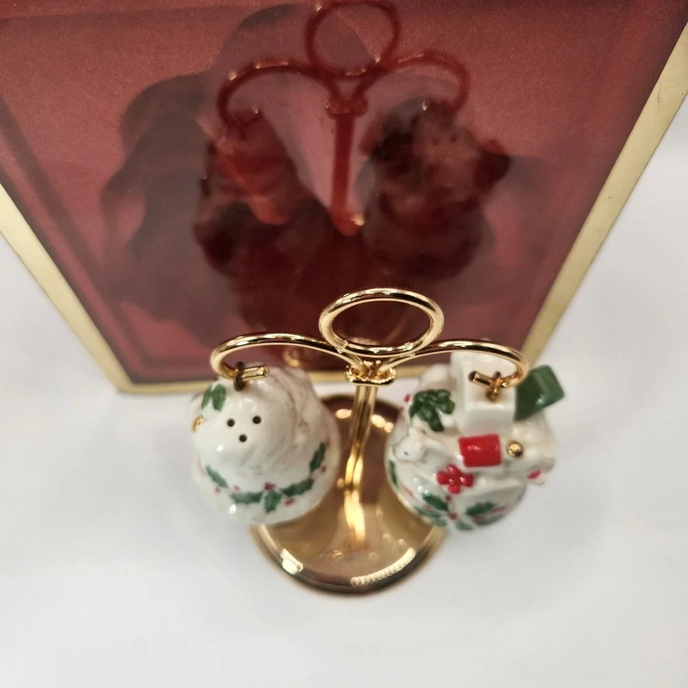 Lenox Santa and Bear Salt and Pepper Shakers with Gold Stand Holiday Set 3pc